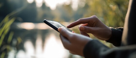 The smartphone in hands by a serene lakeside at golden hour browsing messages