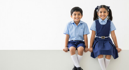 Two cheerful young schoolchildren in matching blue uniforms sit side by side against a white background,