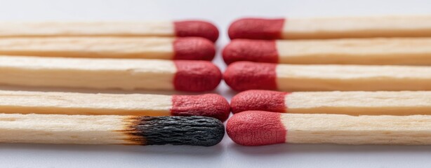 The Matchsticks Lined Up with One Burned Match Among Unlit Red-Tipped Matches