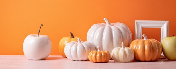 The pumpkins and decorative apples arranged on pastel table with orange background
