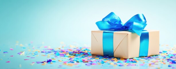 The Gift Box with Blue Ribbon on Festive Confetti Background for Celebration