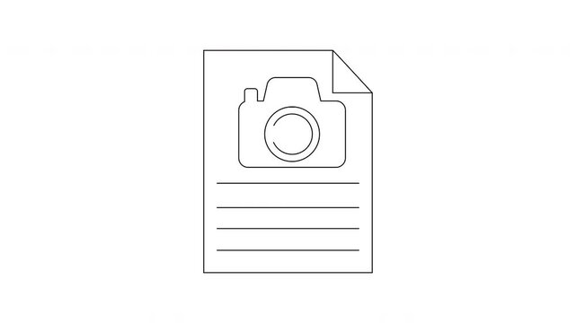 Outline of a document with a folded corner featuring a camera icon above horizontal lines