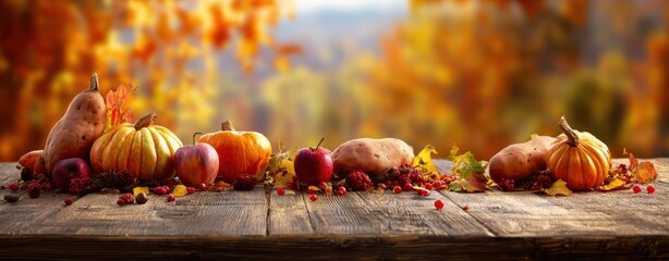 The Pumpkins on Rustic Wooden Table with Autumn Leaves and Apples