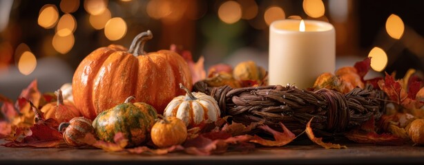 The Pumpkin Centerpiece On Rustic Table With Candlelight, Gourds and Fall Leaves