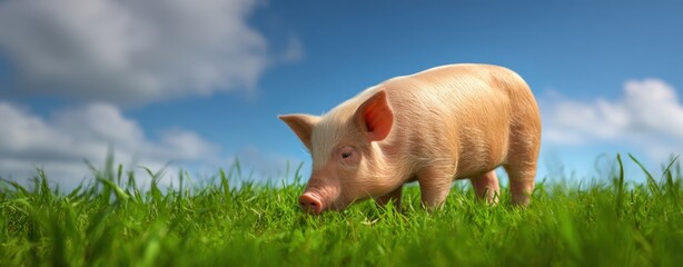 The Piglet Grazing In Lush Green Grass Under A Bright Blue Sky
