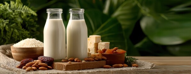 The Milk Bottles Surrounded by Cheese, Tofu, Nuts, Rice and Dried Fruit