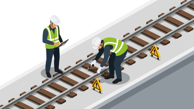 Isometric illustration of two railway workers inspecting tracks with safety gear on a grey background.