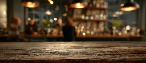 The Wooden Table in a Warm Rustic Bar with Blurred Background Lighting