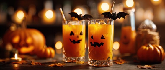 The Pumpkin Cocktail Glasses with Jackolantern Faces Bat Stirrers and Autumn Decor
