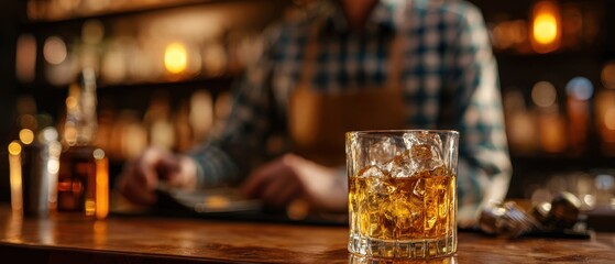 The whiskey glass on a wooden bar counter with bartender blurred in background