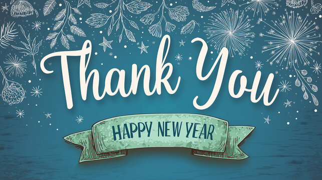 Thank you card,Christmas greeting card, "Merry Christmas & Happy New Year" in white cursive , festive.