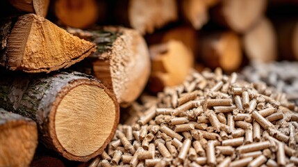 Close-up of stacked firewood logs next to a large pile of wood pellets