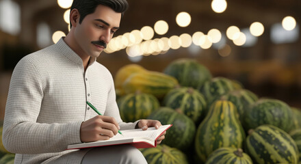 A focused young man in a light sweater sits by a pile of striped pumpkins, thoughtfully writing notes in a notebook