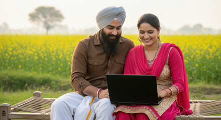 A rural Indian couple sits together on a charpai in a mustard field, using a laptop to access digital services amidst the countryside.