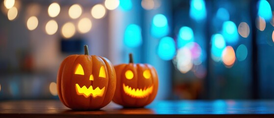 The Jack-o'-Lantern Pumpkins Glowing on a Rustic Table Amid Festive Bokeh Lights