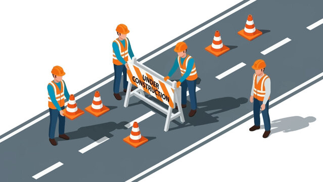 Isometric illustration of construction workers setting up road barriers on a highway with safety cones.