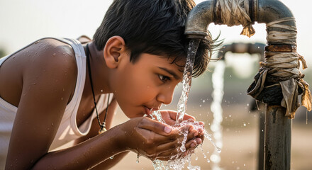 A young boy bends to drink cool water from a village hand pump, cupping his hands as droplets splash across his sunlit skin.