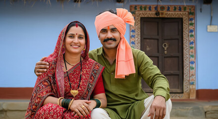 A happy rural Indian couple in traditional attire sit arm in arm outside their colorful village home, smiling warmly