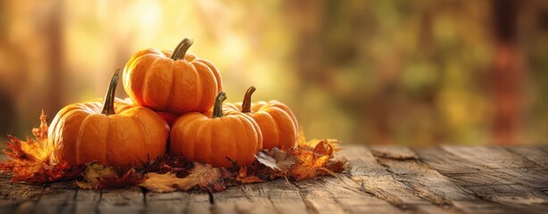 The Pumpkins Stacked on a Rustic Wooden Table with Autumn Leaves and Sunlight