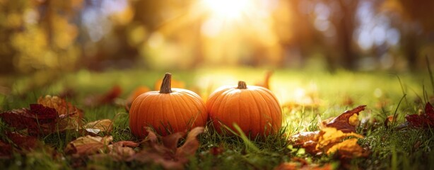 The Pumpkins Resting on Dewy Grass Amid Golden Autumn Sunlight and Falling Leaves