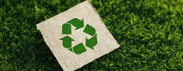 The Recycling Symbol Printed on Recycled Cardboard Sitting on Green Grass Background
