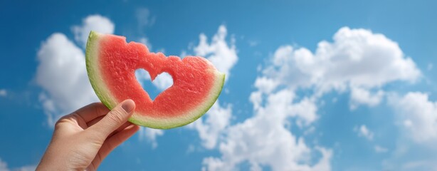 The Watermelon Slice with Heart Shaped Cutout Held Against a Bright Blue Sky