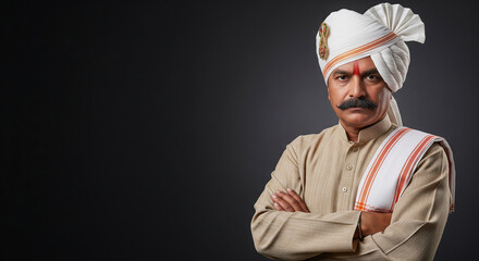 A dignified middle‑aged Indian man in traditional attire and turban stands confidently with folded arms against a dark studio background.