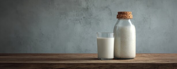 The Milk Bottle and Glass on a Rustic Wooden Table with Concrete Background