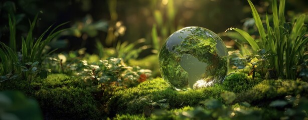 The Glass Globe of Earth Resting on Lush Moss in Sunlit Forest