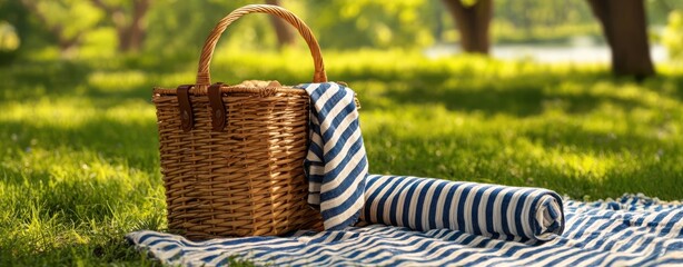 The picnic basket and striped blanket ready for a relaxed sunny park picnic