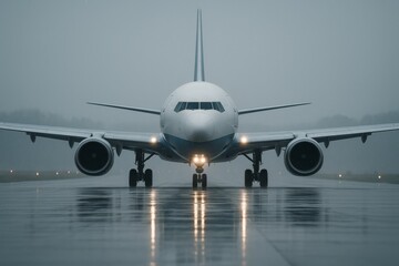 Obraz premium Front view of commercial airplane on wet runway during heavy fog with reflections and lights glowing in moody weather background atmosphere concept. Ai generative