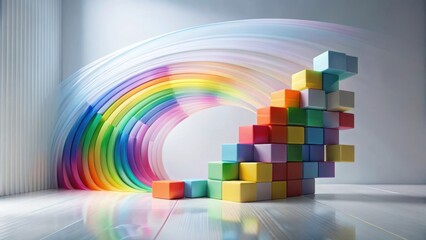Colorful blocks ascending a staircase against a vibrant rainbow backdrop.  A visual representation of growth, creativity, and achieving milestones.