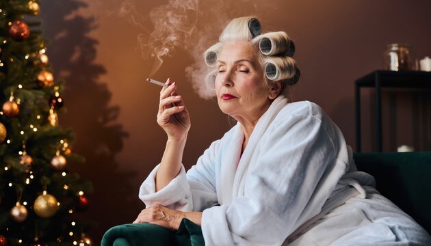 A stylish senior woman enjoys a moment of relaxation while smoking, hair rollers in, and a Christmas tree in the background.