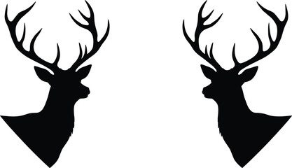 Deer head silhouette vector, symmetrical antlers design, black animal icon, mirrored wildlife illustration, modern tribal style, nature inspired artwork
