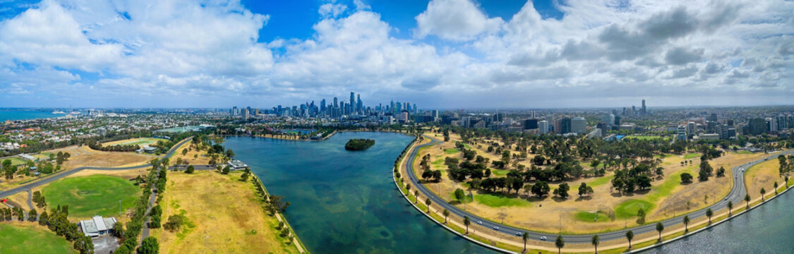Panoramic Aerial View of Albert Park Lake and F1 Circuit Roads