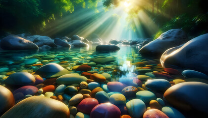 Fototapeta premium Serene Stream with Colorful Stones and Sunlight
