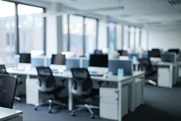 A blurred, modern open-plan office interior with rows of empty desks, computer monitors, and chairs bathed in soft natural light from large windows.