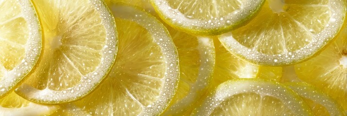 Yellow lemon slices top view flat lay banner texture background