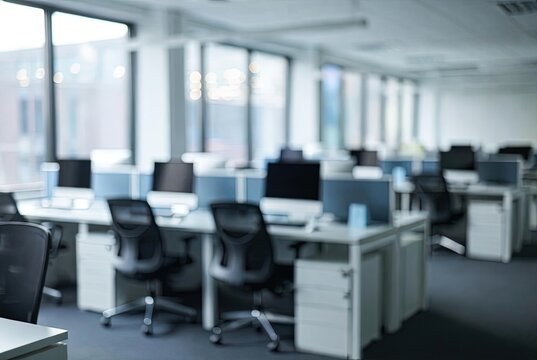 A blurred, modern open-plan office interior with rows of empty desks, computer monitors, and chairs bathed in soft natural light from large windows. - Powered by Adobe