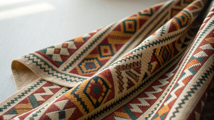 Mountain tribe culture. colorful woven textile with intricate geometric patterns and vibrant colors, showcasing traditional craftsmanship