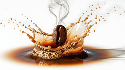 Dynamic Coffee Bean Splash with Liquid Ripples and Steam Isolated on White Background