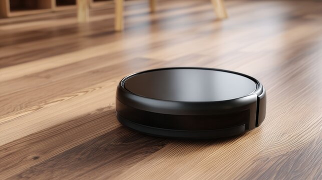 Black robot vacuum cleaner running on a wooden parquet floor in a home