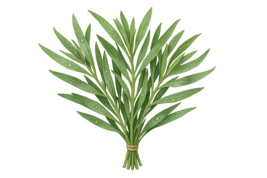 Fresh green tarragon herb bunch with water drops, tied with twine, transparent background, culinary seasoning ingredient