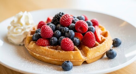 Waffle Delight - A Berry-Topped Breakfast Treat with Whipped Cream.