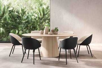 A sleek wooden dining table is paired with elegant black chairs, creating a sophisticated dining area.