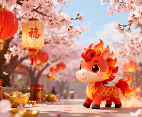 Fototapeta premium Fire horse character with traditional ornaments for lunar new year