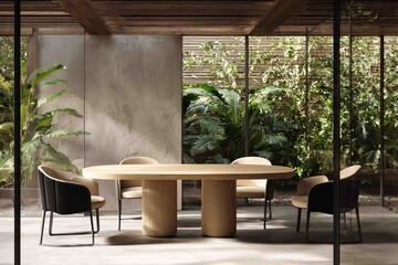 The modern dining room features a solid wood table with natural edges, surrounded by lush green views.