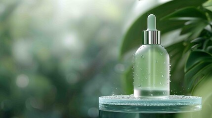 A beautiful, translucent dropper bottle, covered in water droplets, stands on a wet glass pedestal in a lush, soft-focus natural setting.