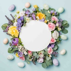 A vibrant Easter wreath made of colorful flowers and greenery surrounds a blank white circle.