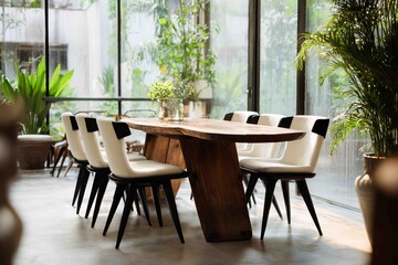 A sleek wooden dining table with a natural live edge is the center of a sun-drenched, garden-facing room.